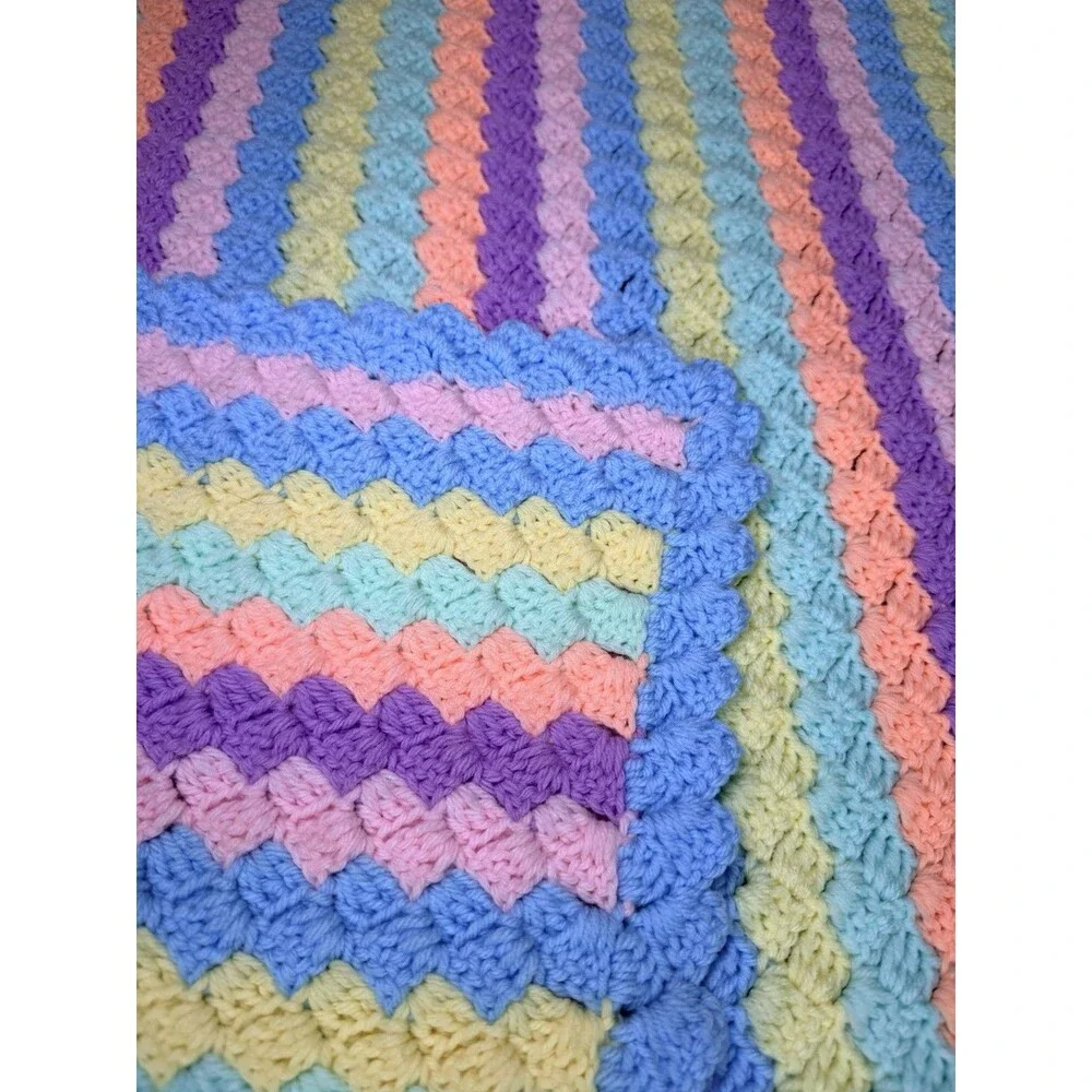 VTG1970s Hand Crocheted Pastel Stripe Baby Blanket Afghan Shell Stitch 34x41